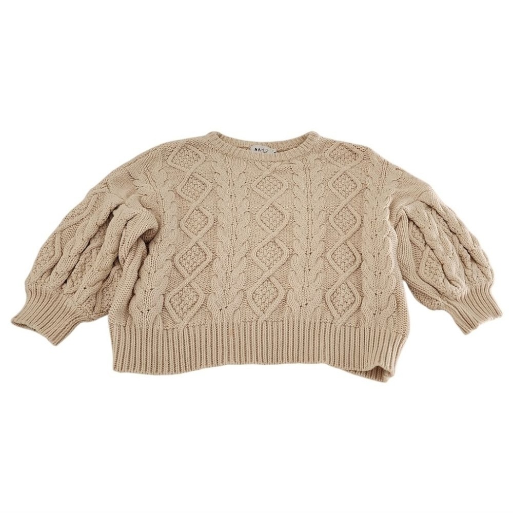 NA-KD Cable Knit Sweater Womens Small Beige Cropped Puff Sleeve Boho Cozy Chic